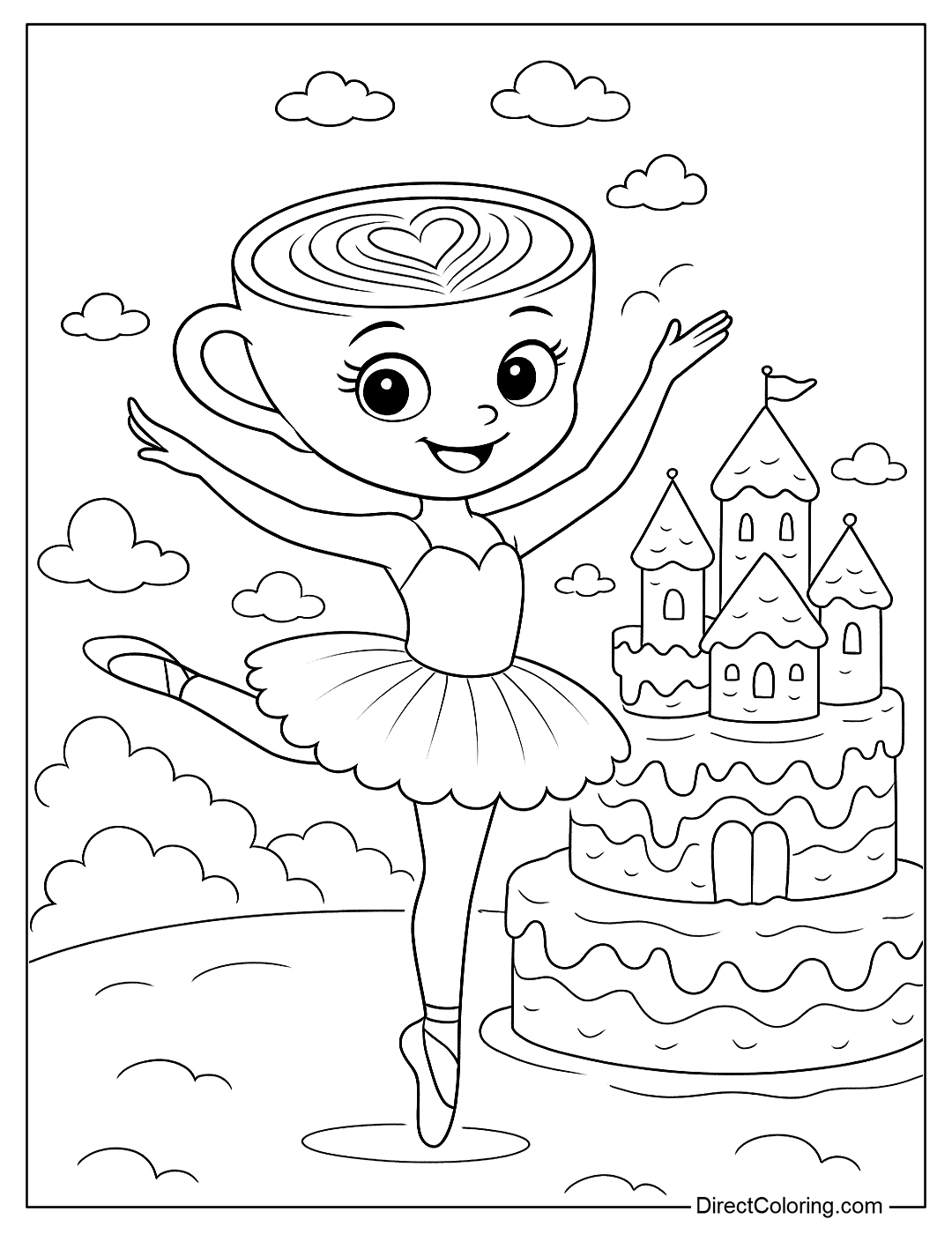 a coloring page of Cappuccina dancing in a sweet pastel cake castle.